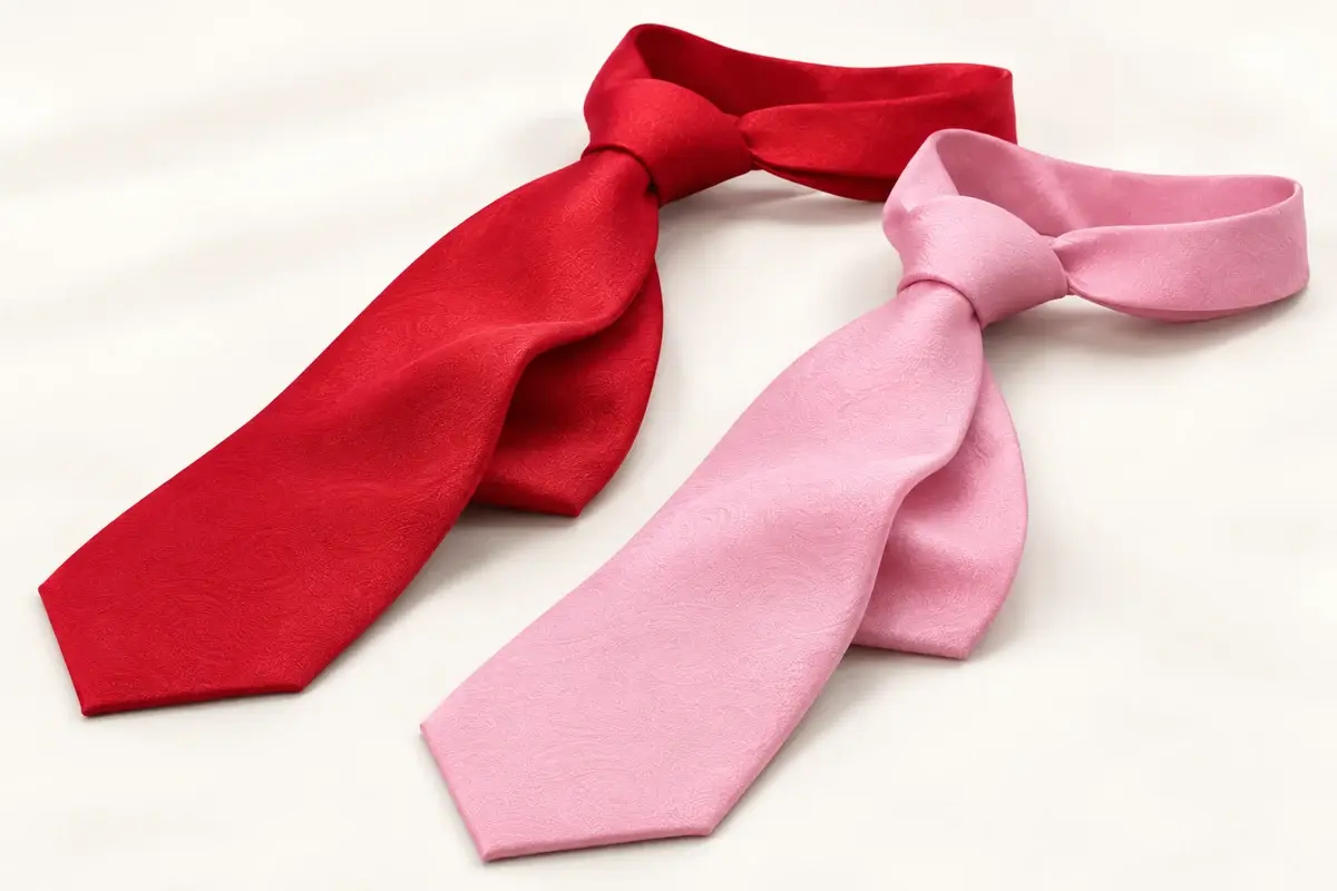 Red and pink polyester ties arranged to show their drape and finished knots.