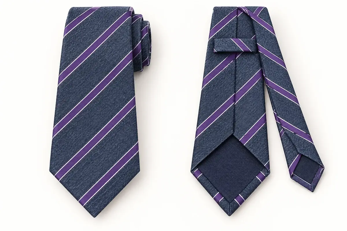 Front and reverse views of a navy polyester tie with purple diagonal stripes.
