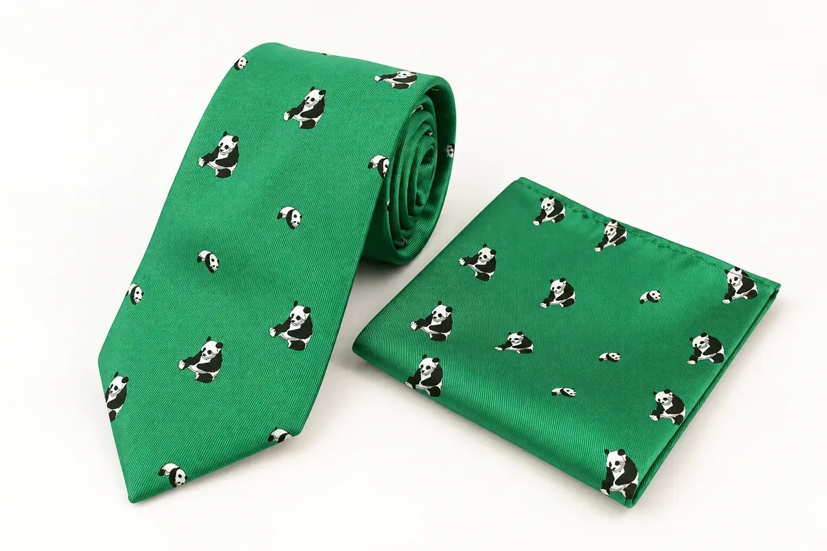 Green printed polyester tie and matching pocket square with panda motifs.