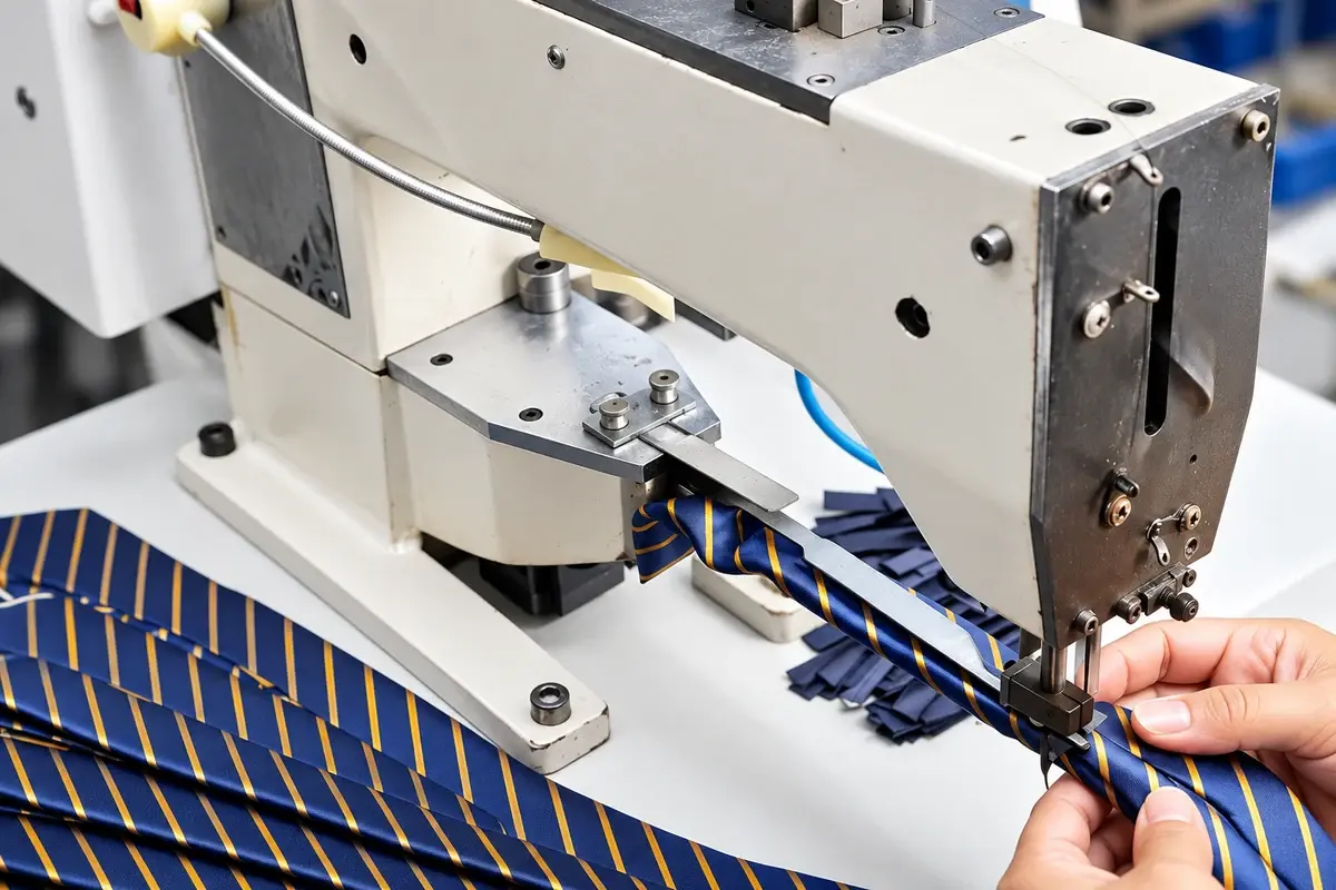 Striped polyester tie being guided through an industrial sewing machine.