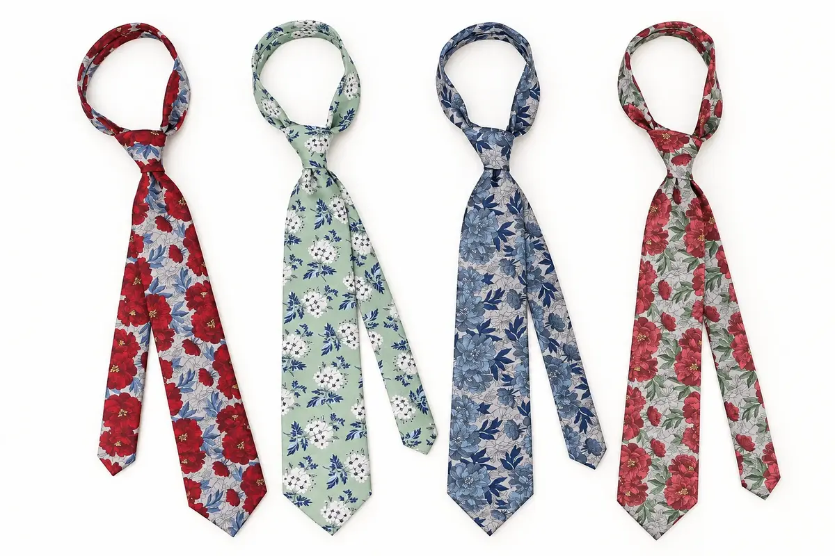 Four floral printed polyester ties in red, green and blue colorways.