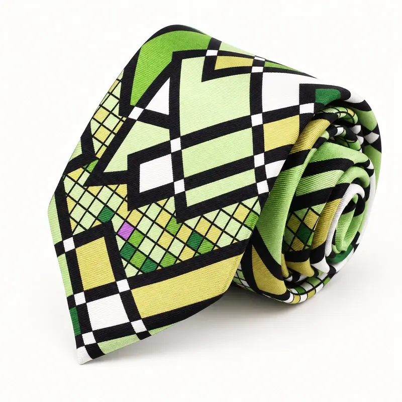 Rolled green polyester tie with a bold geometric print.