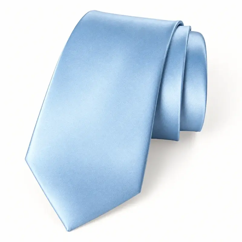 Light blue satin polyester tie with a smooth reflective surface.