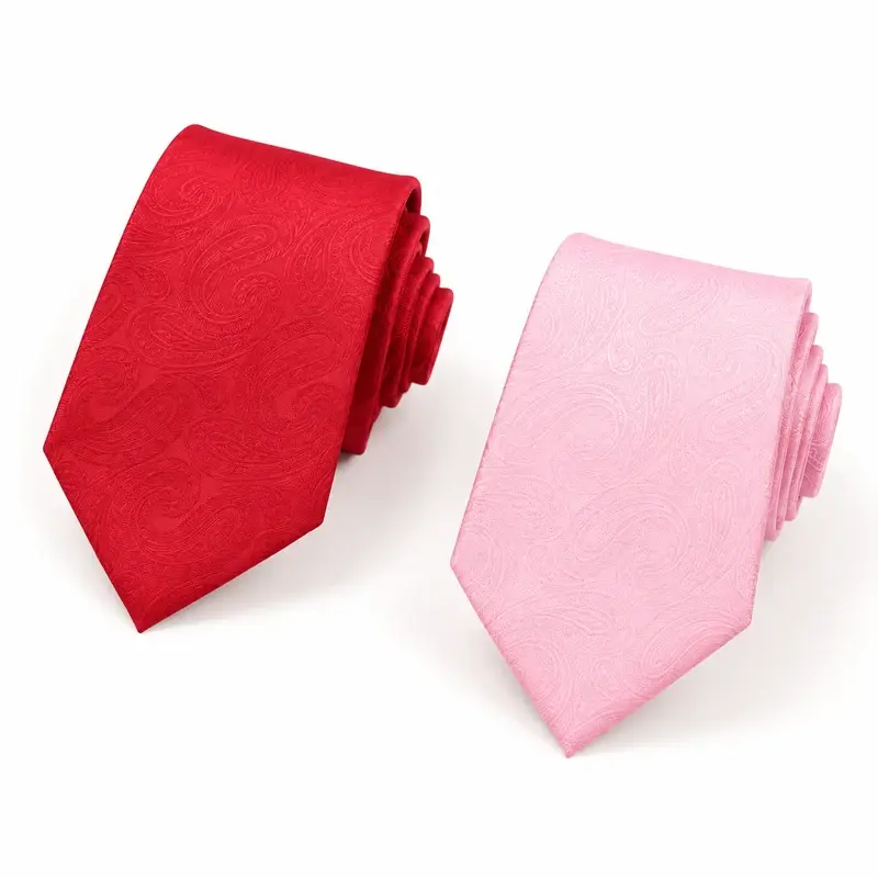 Red and pink polyester ties with tonal paisley patterns.
