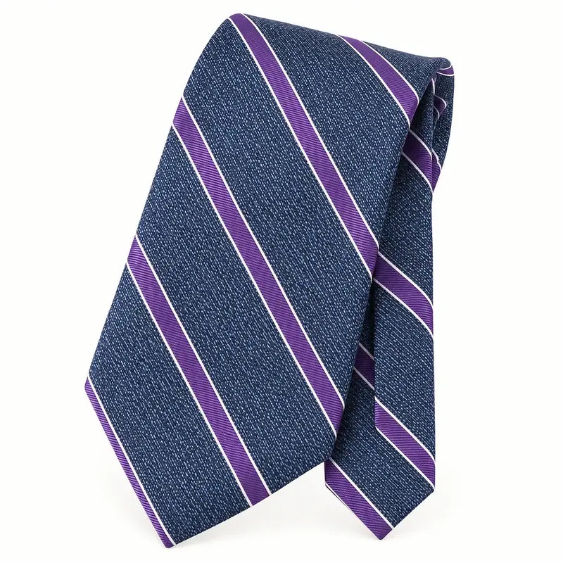 Navy woven polyester tie with purple diagonal stripes.
