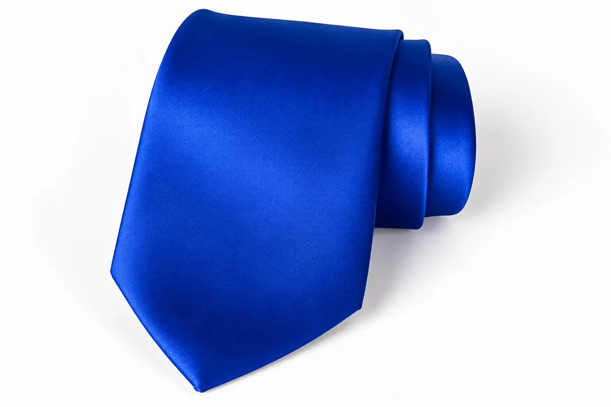 Royal blue satin polyester tie with a smooth lustrous surface.