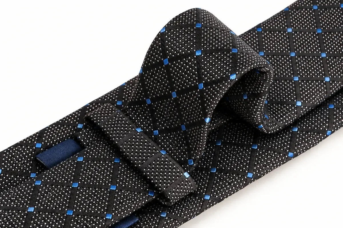 Close view of a dark woven polyester tie with blue geometric accents.