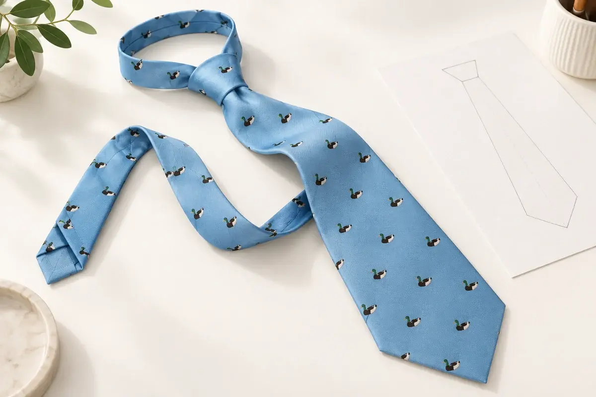 A light blue tie to show repeating duck motifs across the blade and narrow end.