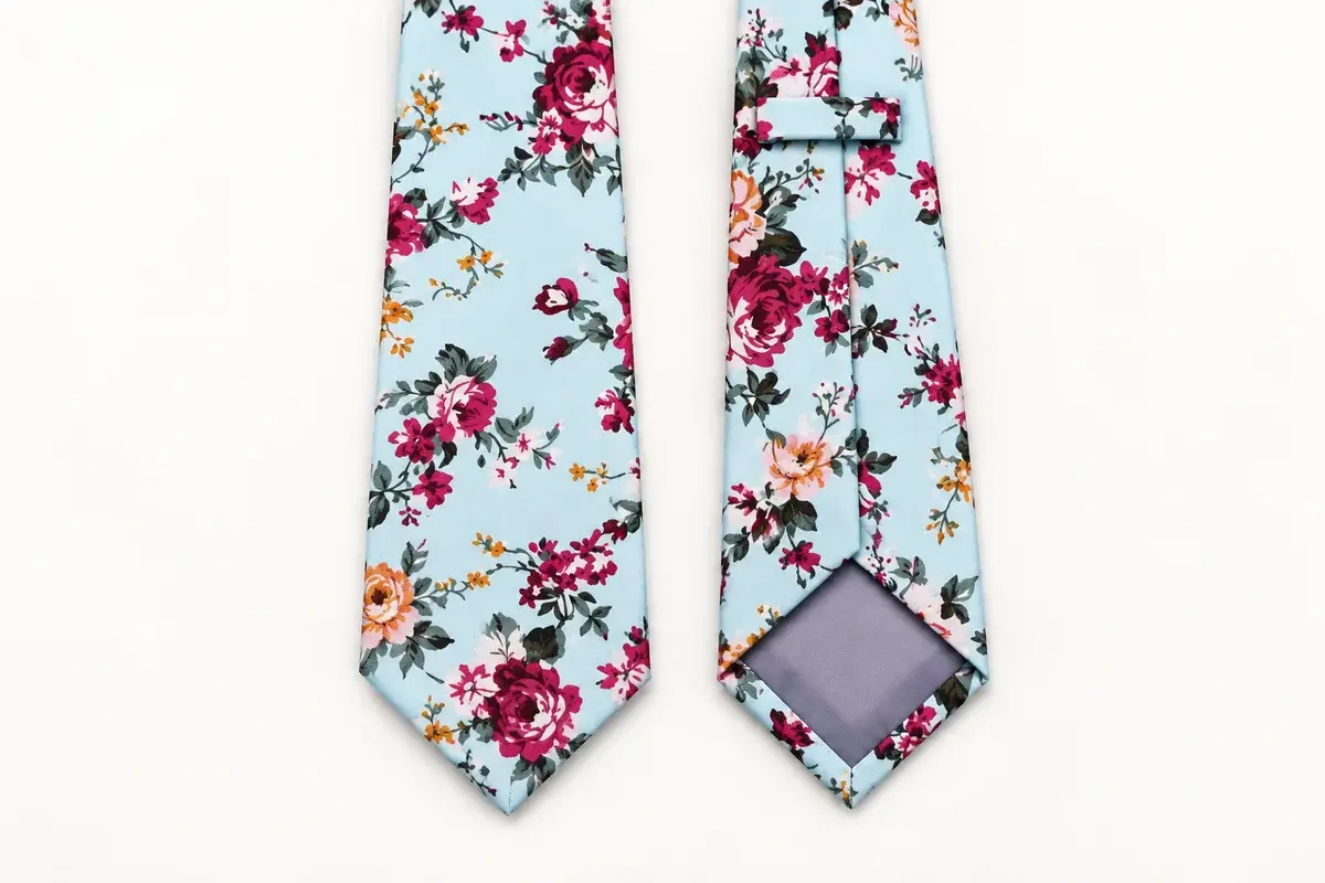 Front and back details of a pale blue tie covered with colorful flowers.