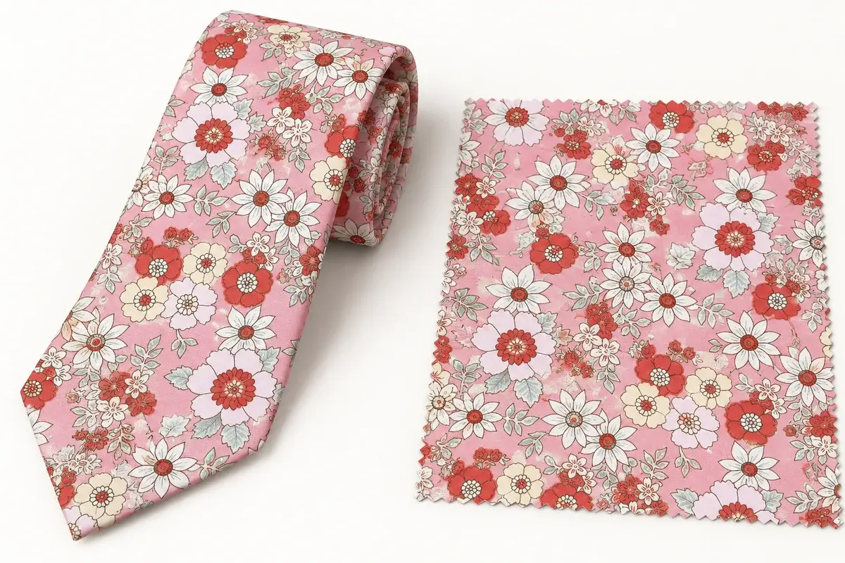 Pink floral printed tie beside a matching repeat-pattern fabric swatch.