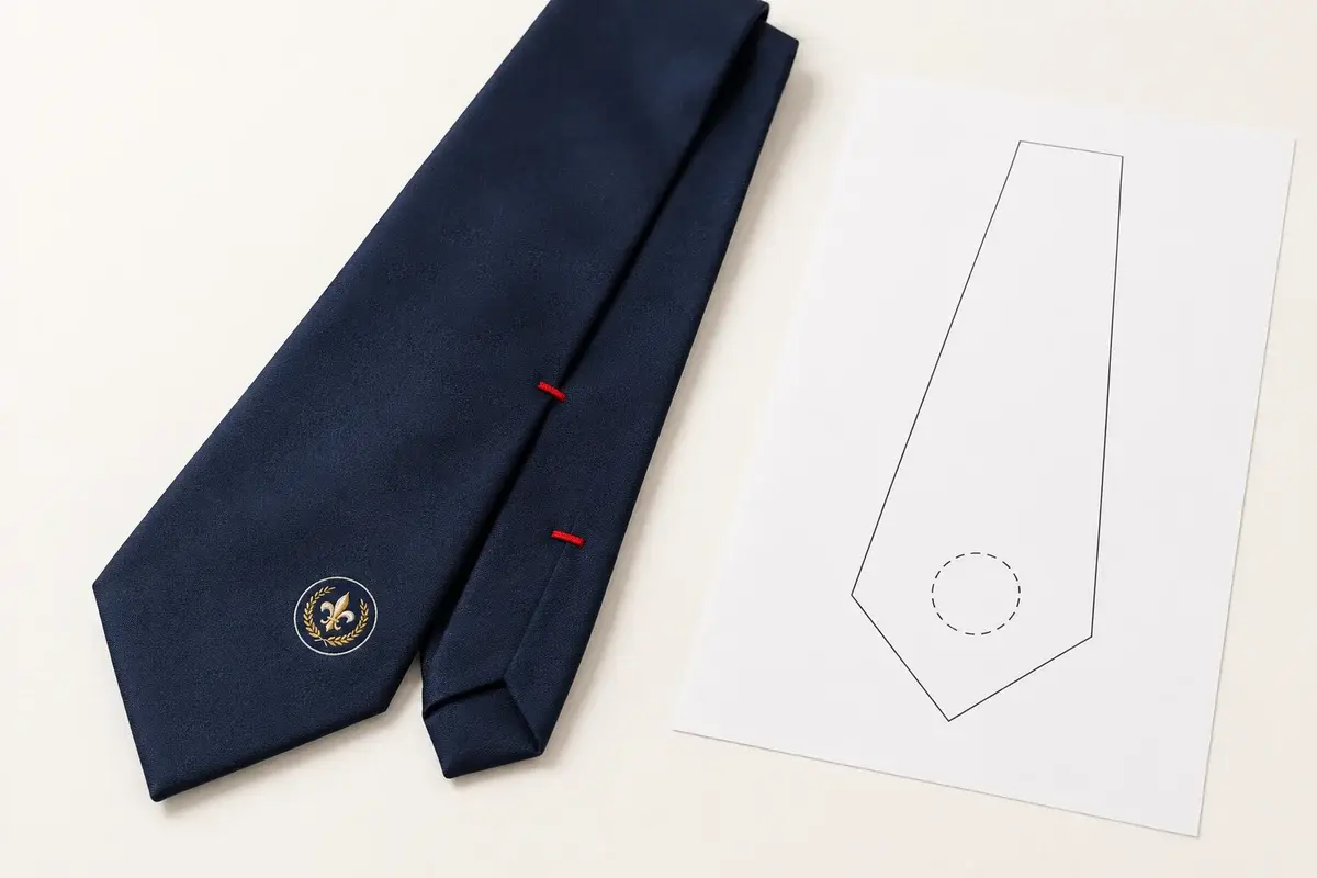 Plain navy tie with one positioned crest beside a tie placement outline.