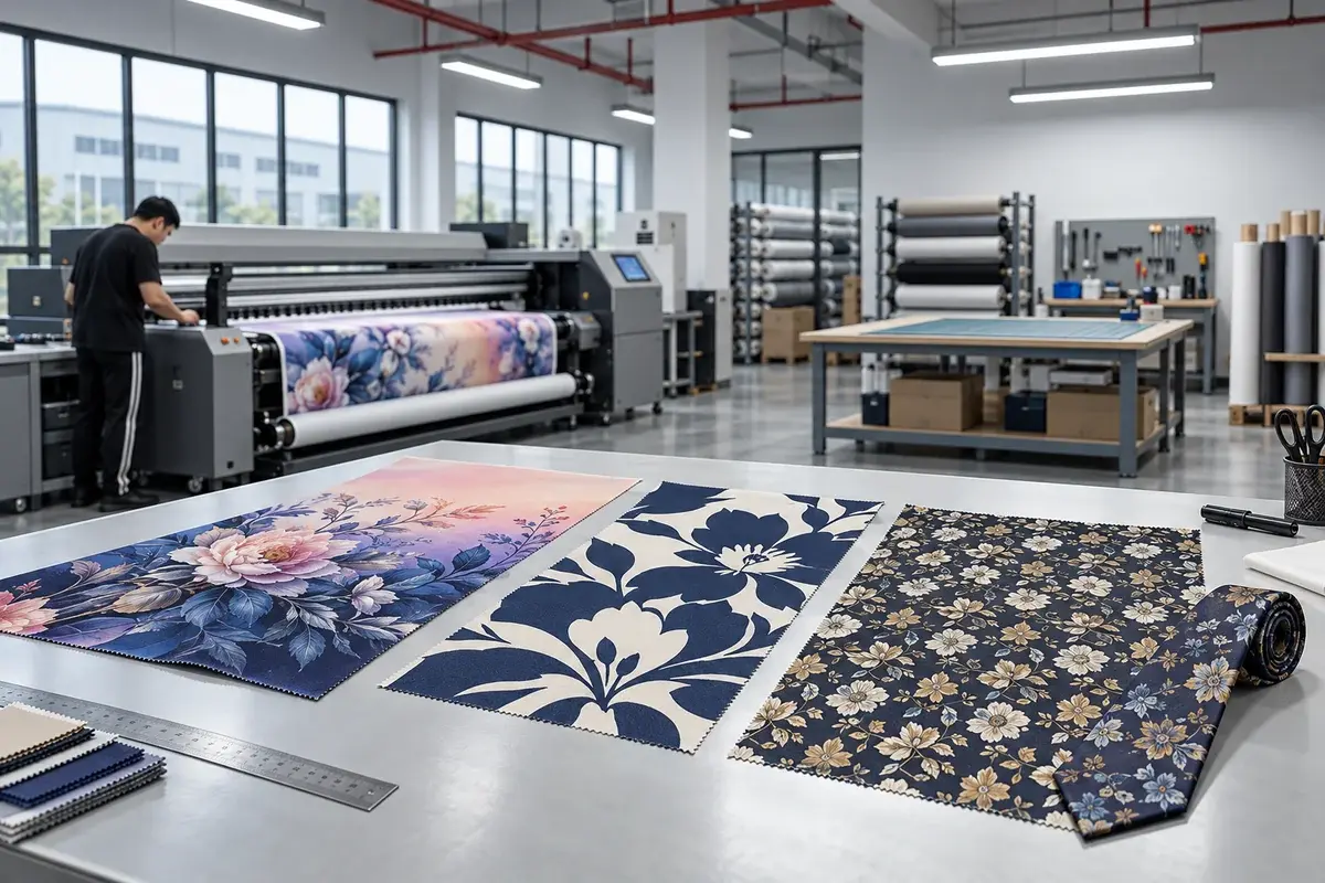 Printed fabric samples and a tie reviewed beside a digital textile printer.