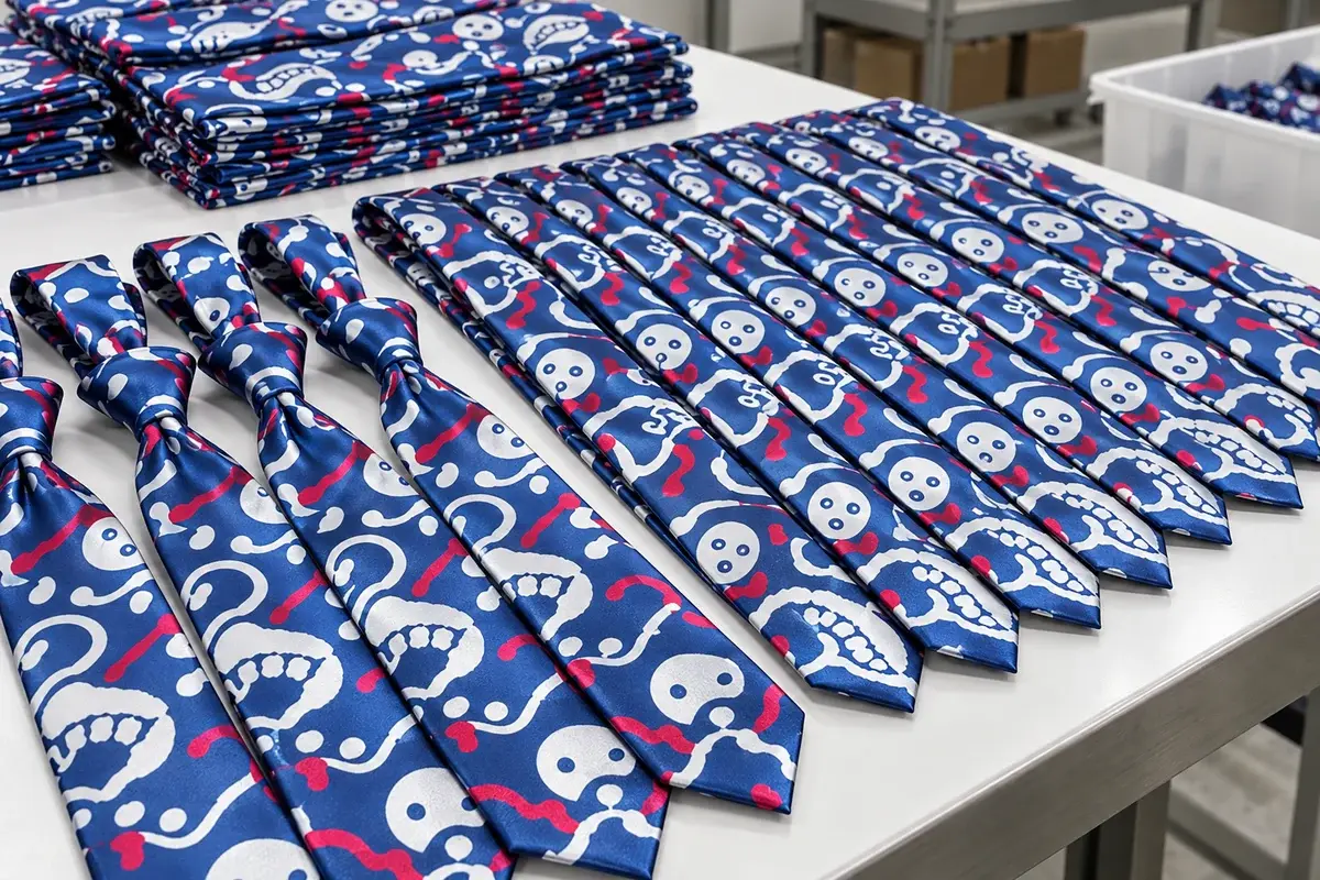 A batch of blue ties with red and white cartoon patterns.