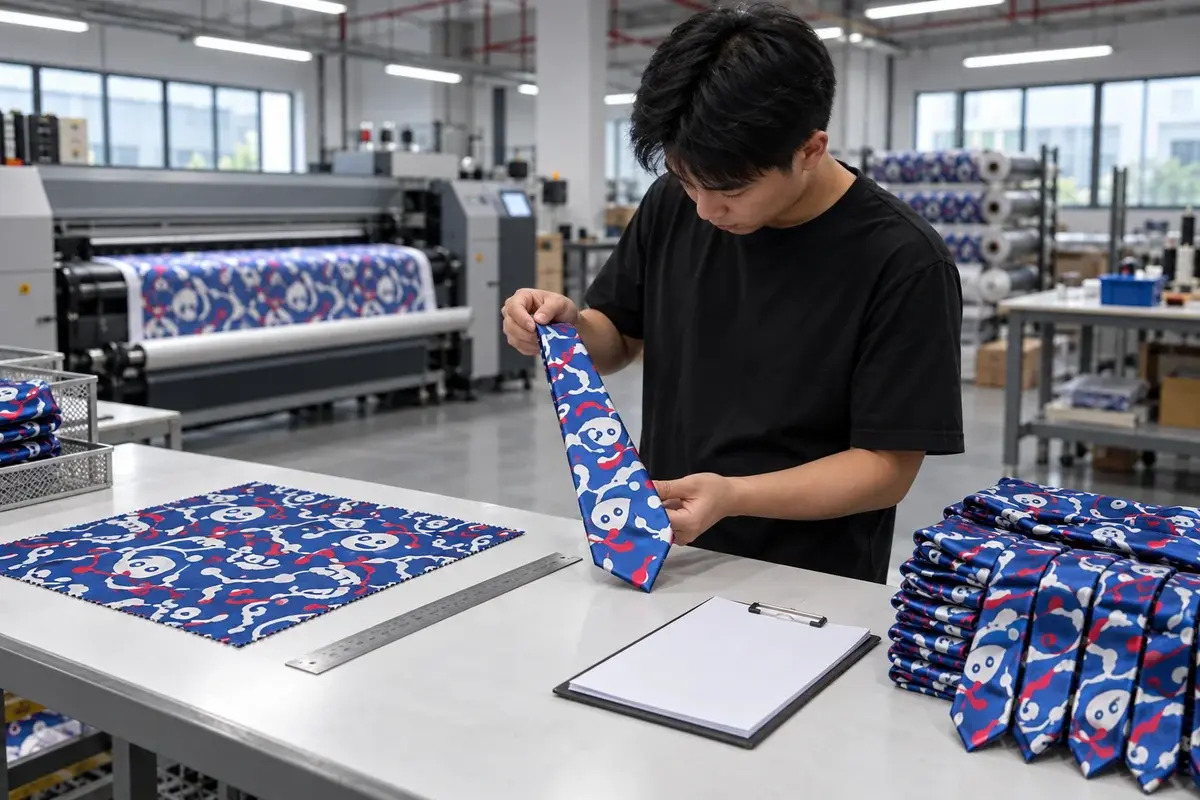Worker inspecting a printed tie beside matching fabric and samples.