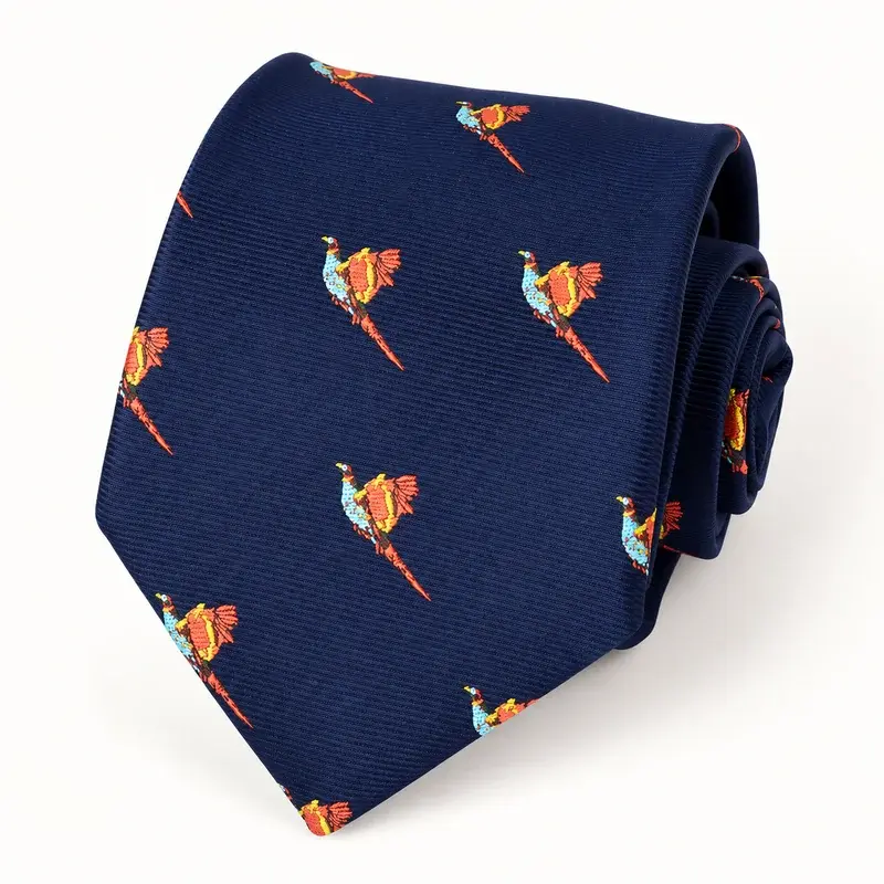 Dark navy printed tie with small multicolor bird motifs.