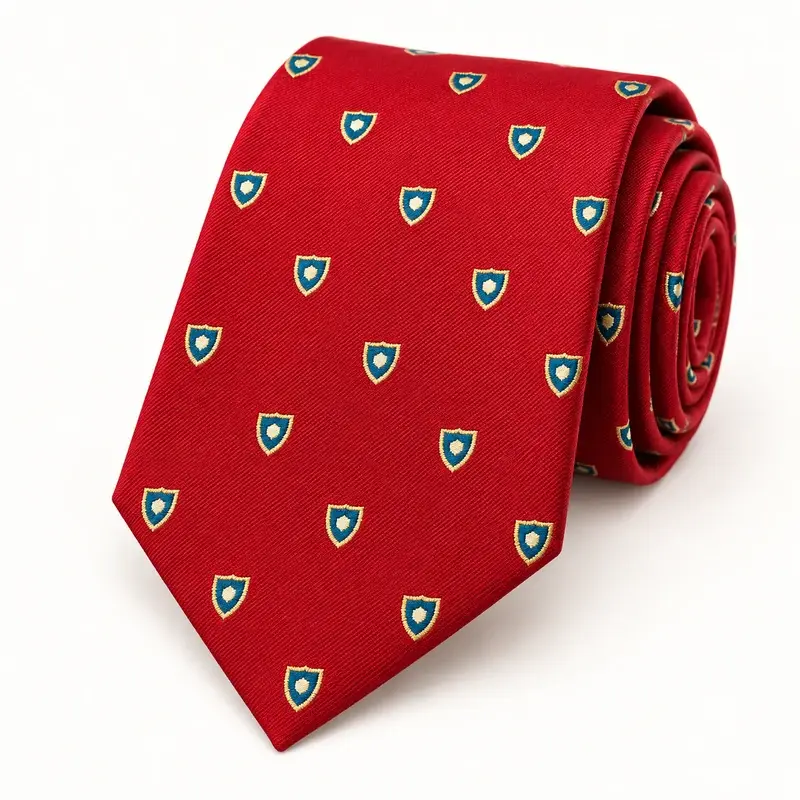 Red printed tie with small generic shield crest motifs.