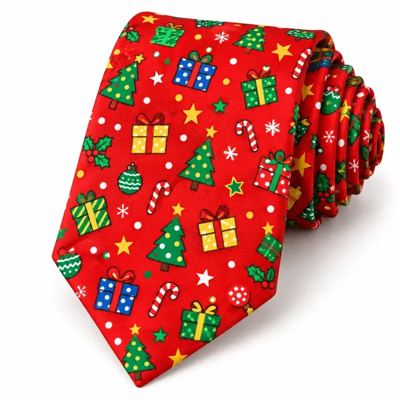 Red sublimation tie with full-color gift, tree and star motifs.
