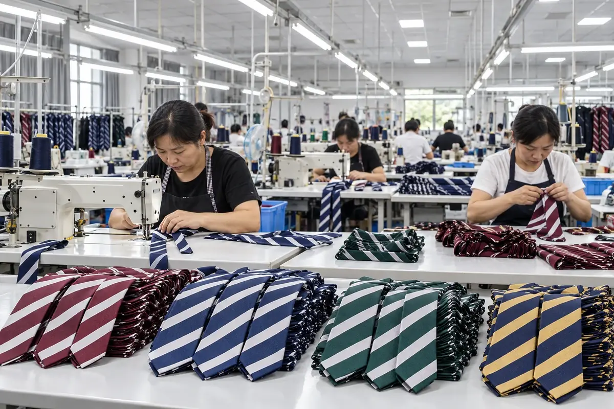 Workers producing grouped striped school ties in a bright tie workshop.