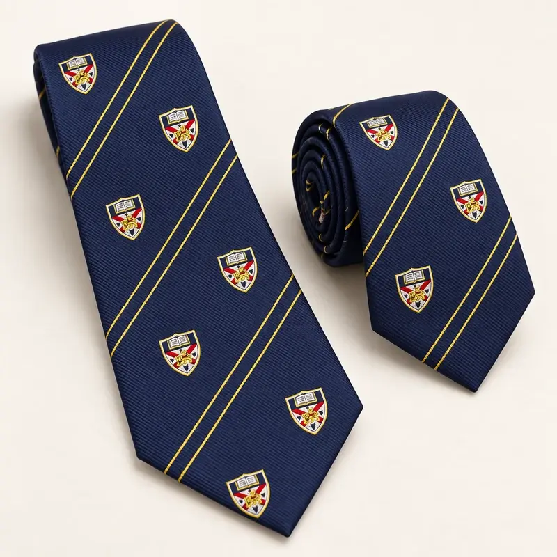 Two navy school ties with woven shield emblems and gold pinstripes.