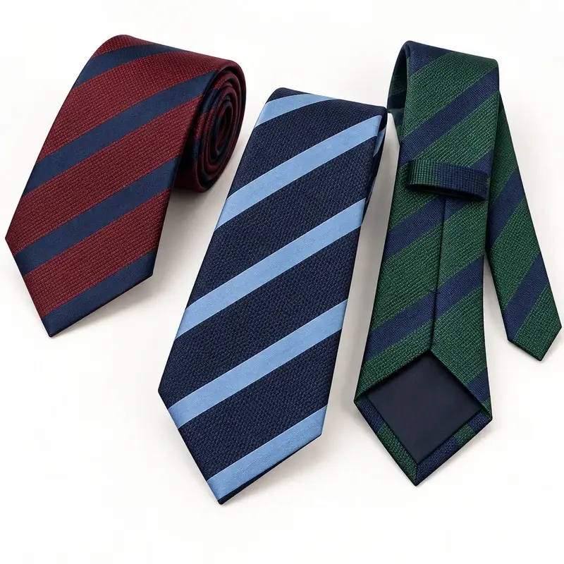 Three school uniform ties with burgundy, blue, and green diagonal stripes.