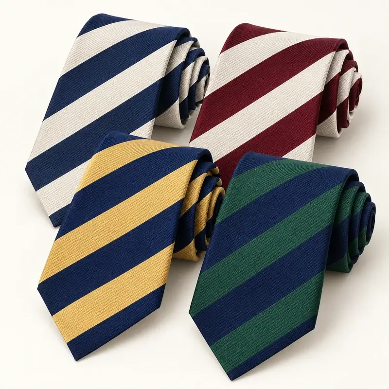 Four rolled school ties with cream, burgundy, green, and gold stripes.