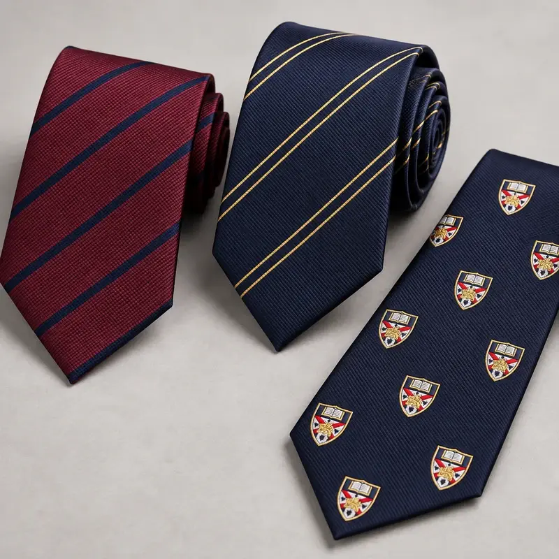 Burgundy and navy university-style ties with pinstripes and shield emblems.