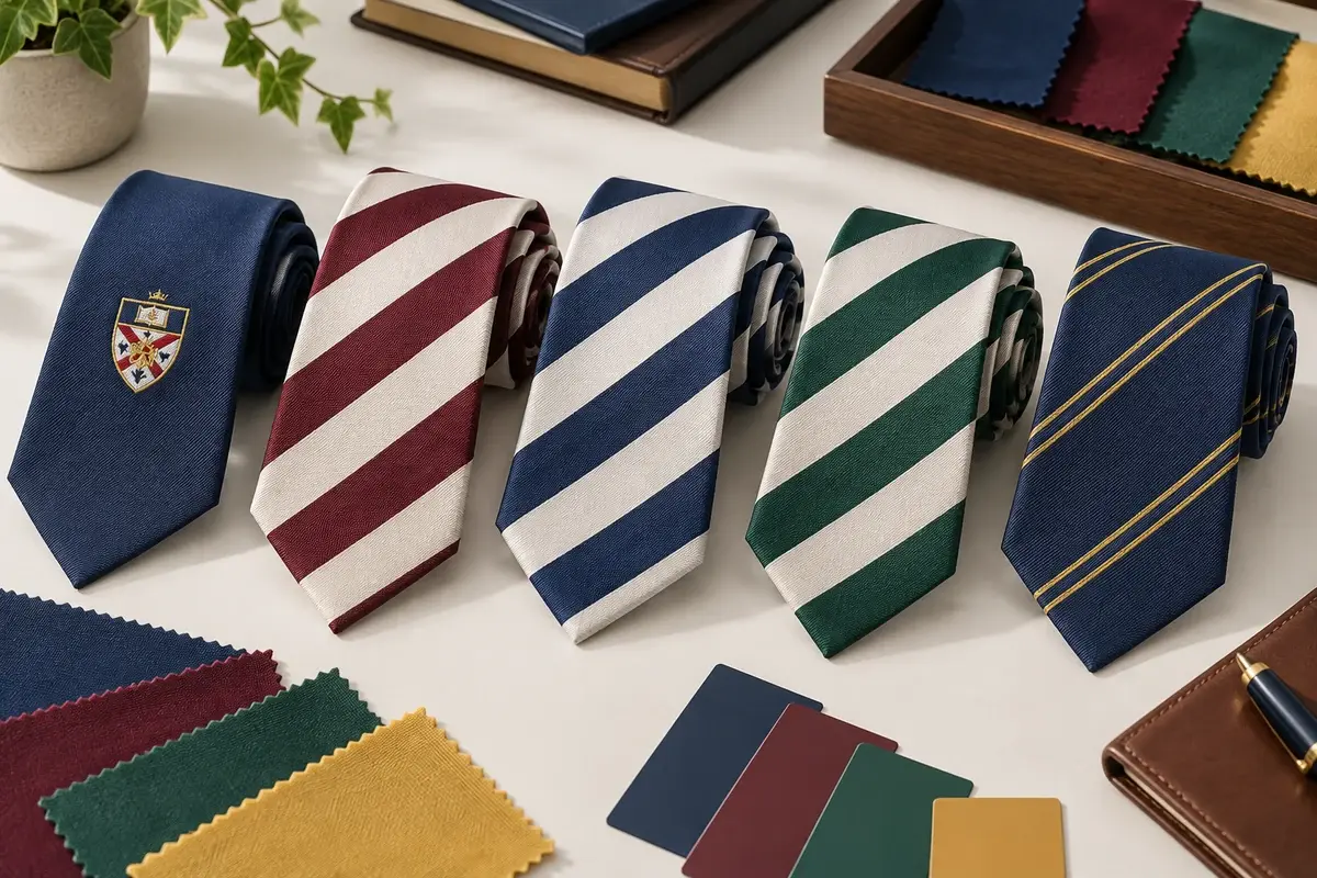 School ties, fabric swatches, and color chips for crest and stripe planning.