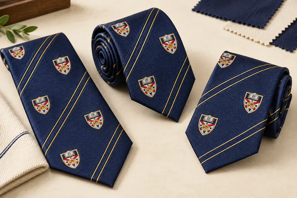 Three navy school crest ties with gold pinstripes in different arrangements.