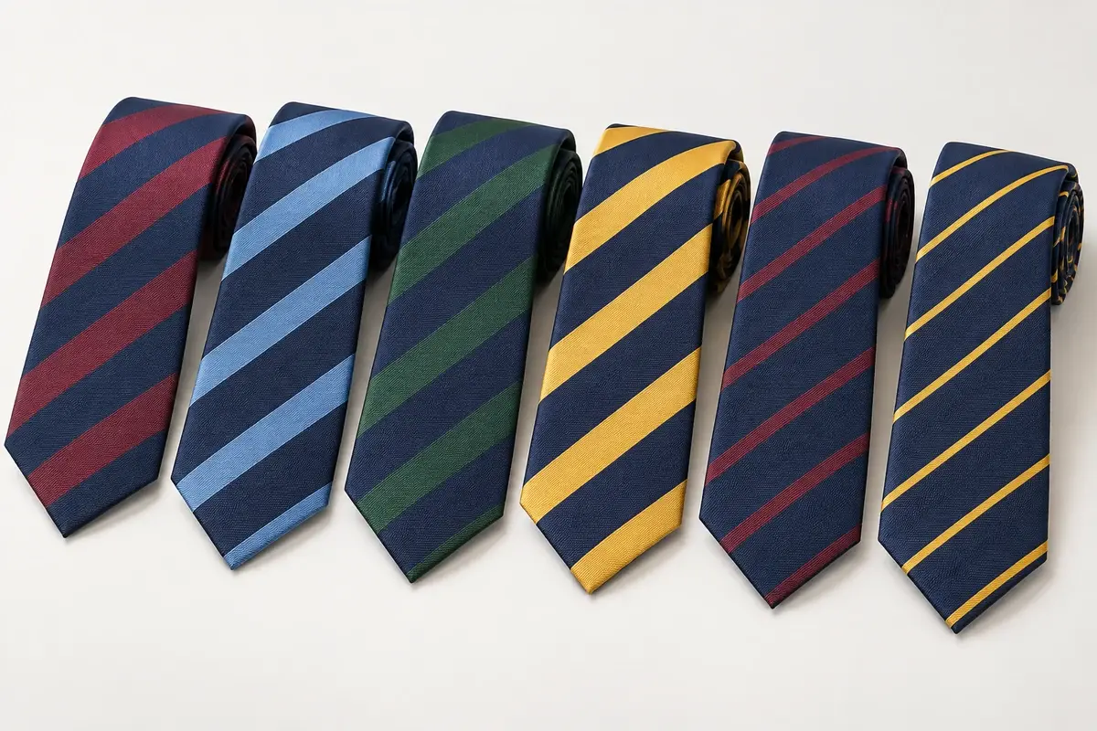 Six school ties showing coordinated house and year stripe color variations.