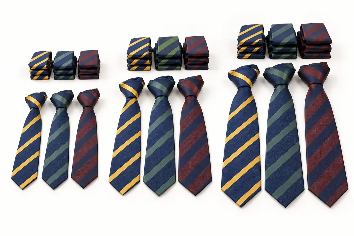 School ties in child, student, and adult sizes with grouped variants.