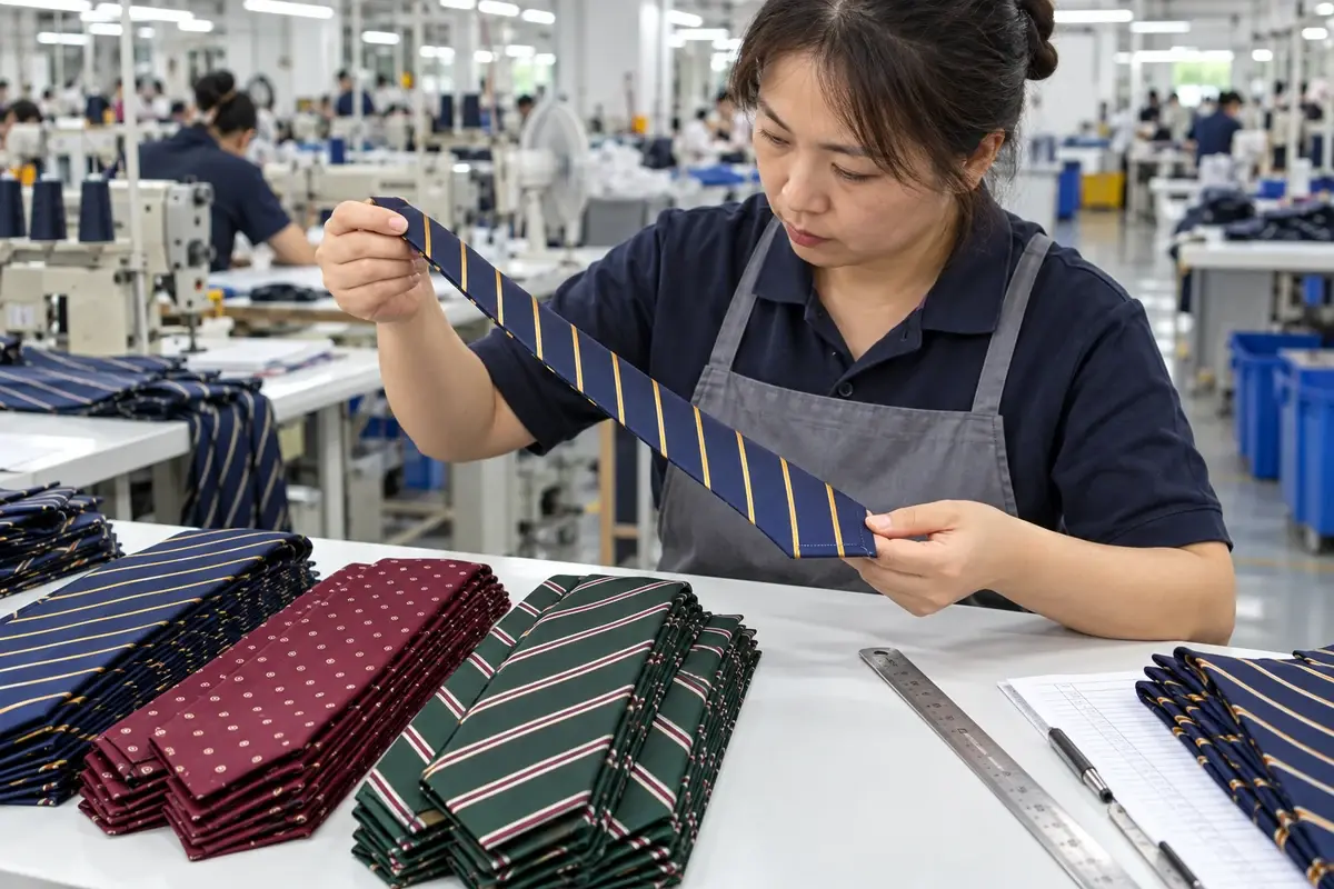 Inspector checking school tie shape, stripe alignment and stitching.