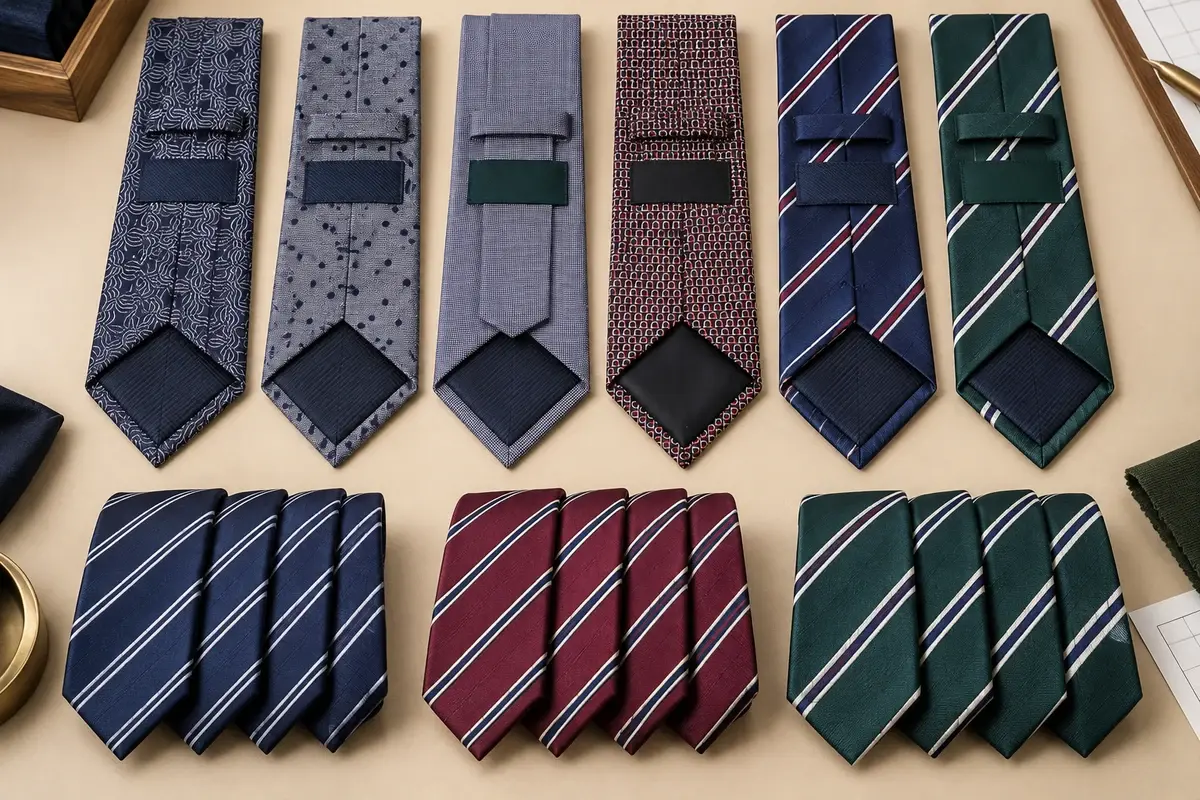 School tie backs with labels, stitching and grouped stripe variants.
