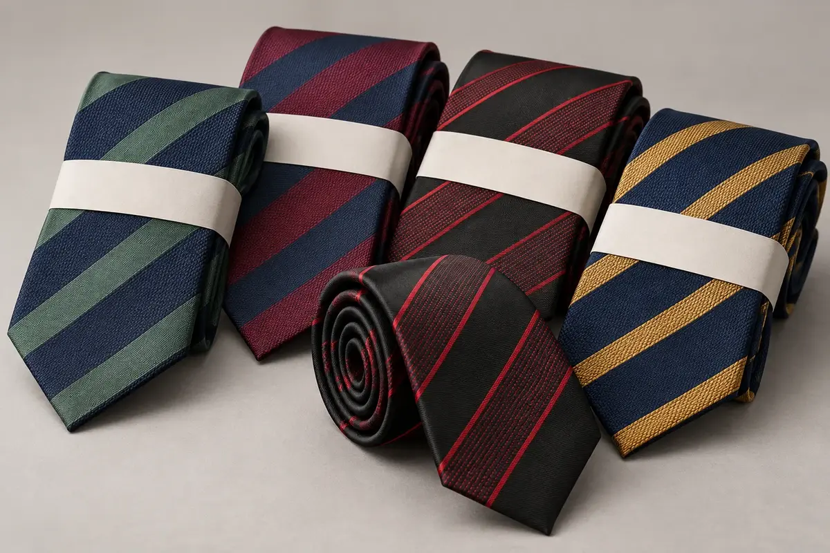 Grouped school ties in green, burgundy, black and gold stripe variants.