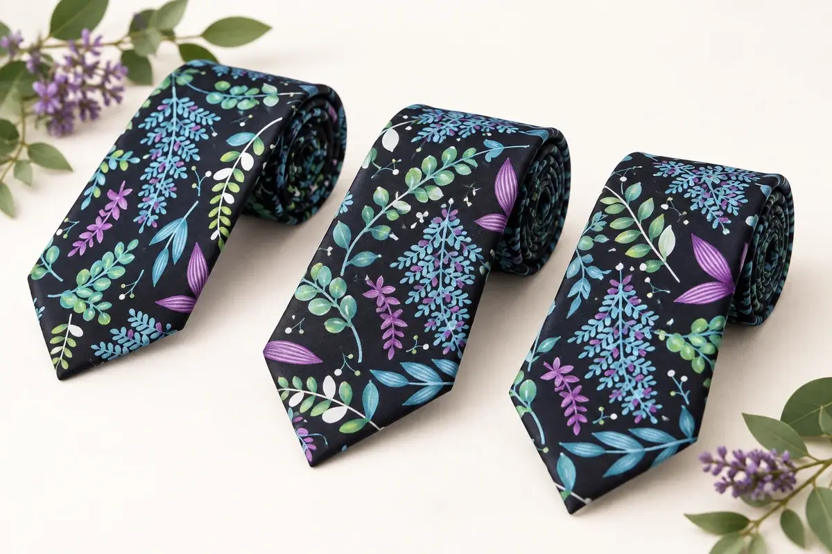 Three navy silk ties with detailed teal, green and purple botanical prints.