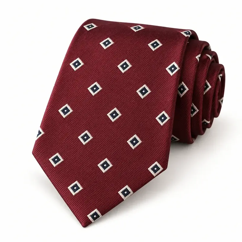 Rolled burgundy woven silk tie with small ivory diamond motifs.