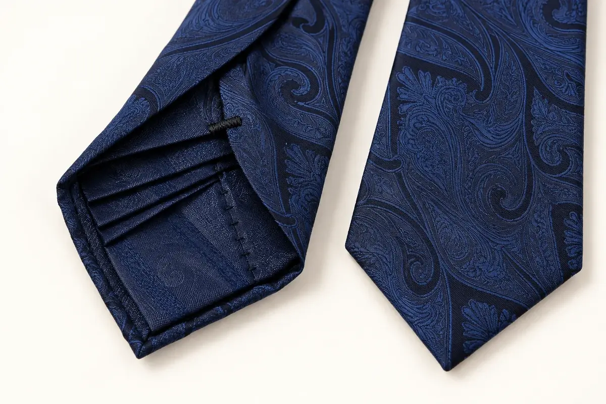 Navy paisley silk tie with layered seven-fold construction and hand stitching.