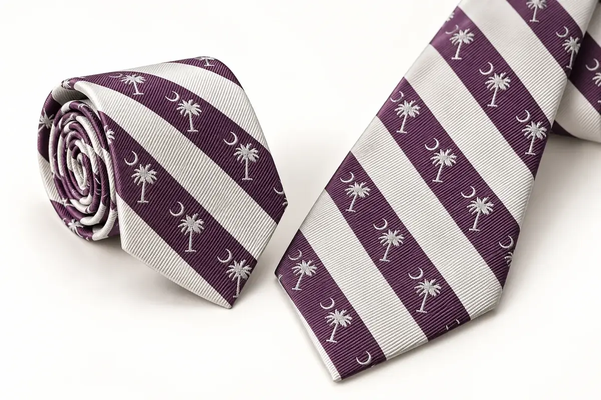 Purple and ivory silk jacquard ties with woven stripes and small motifs.