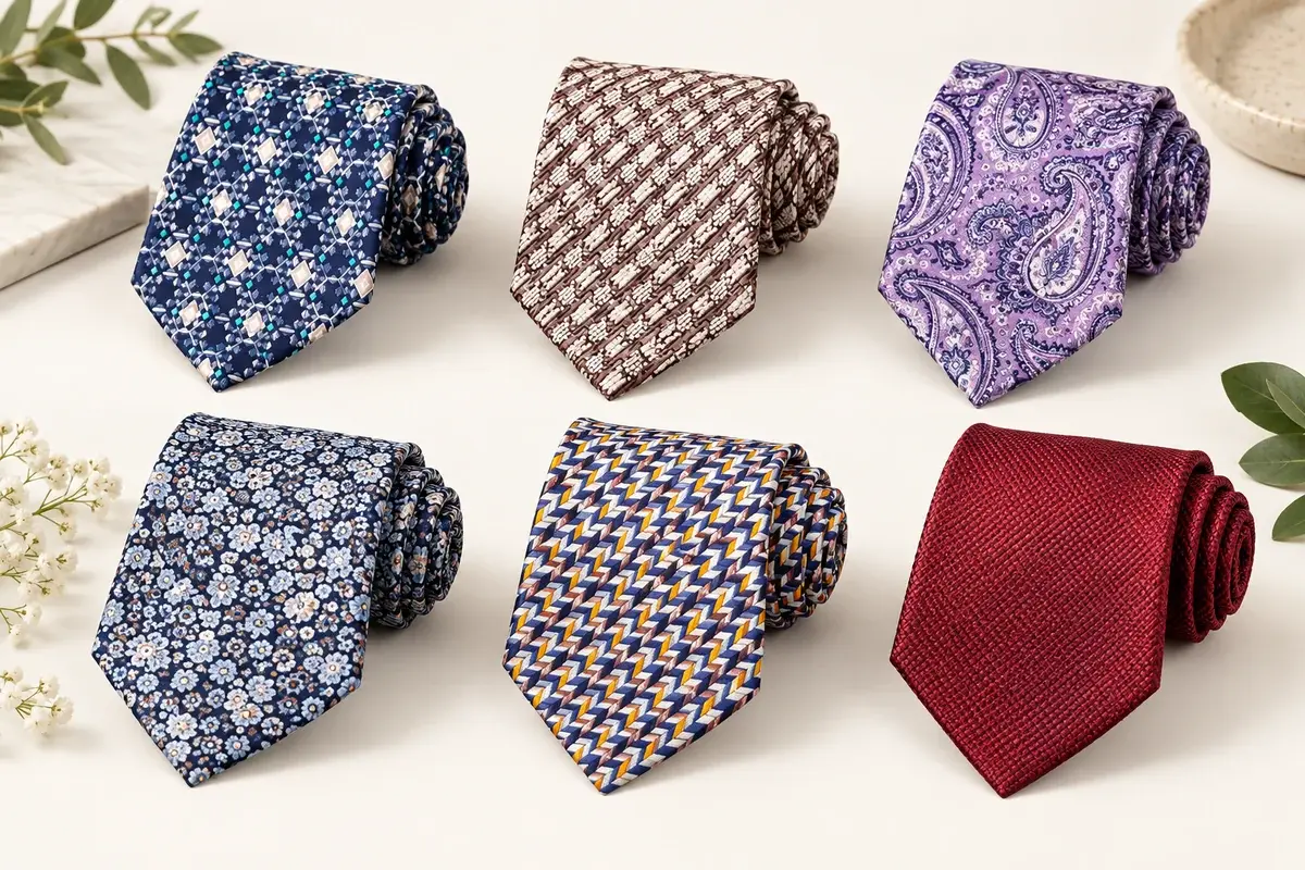 Six silk tie samples with woven geometric, striped, paisley.