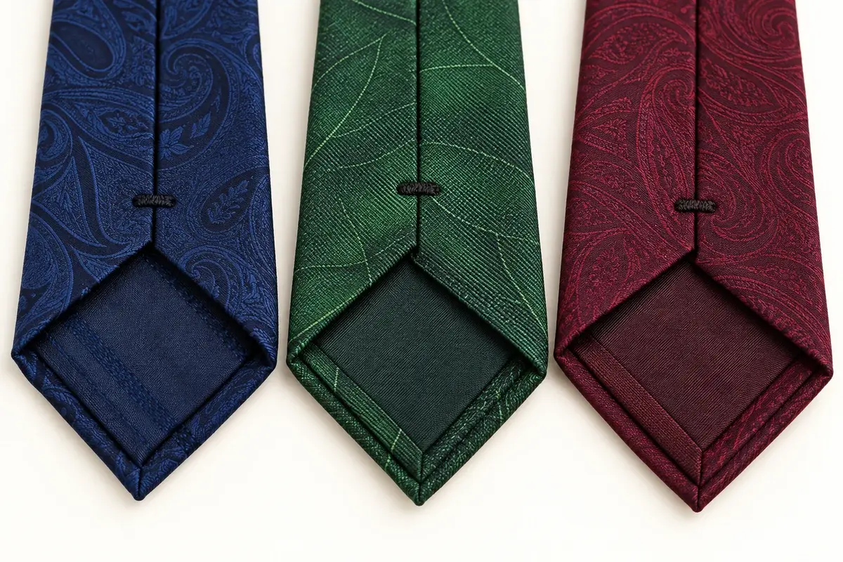 Reverse construction details on navy, green and burgundy silk ties.