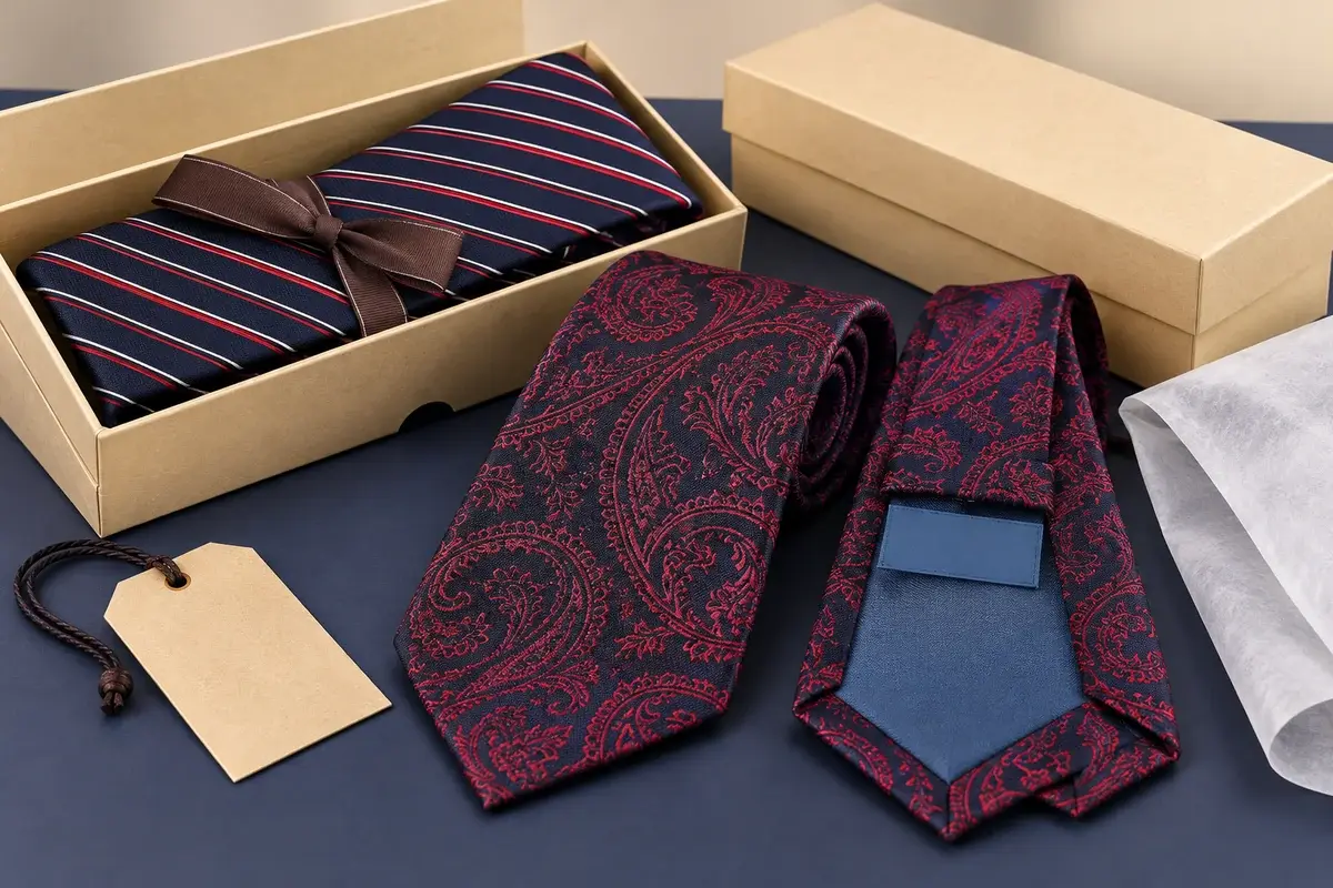 Silk ties with a blank woven label, tipping, hang tag, wrapping and boxes.