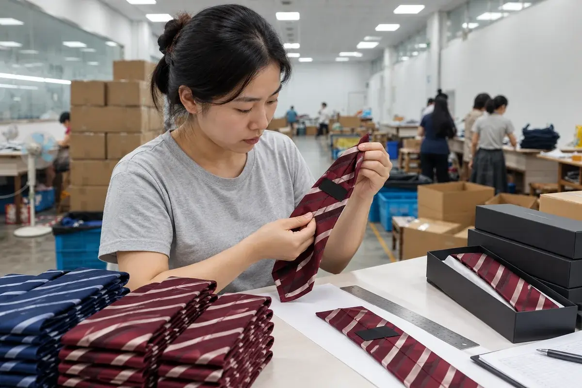 Worker checking reverse stitching and dimensions of a burgundy silk.