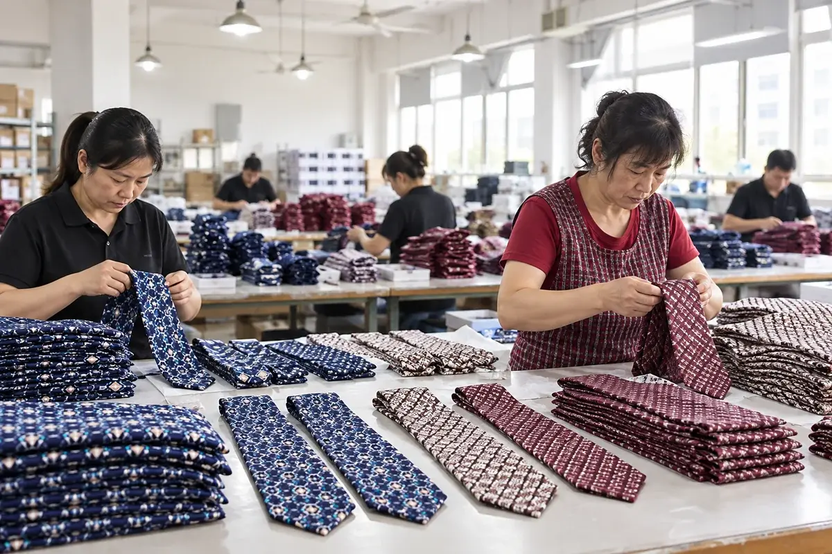 Production team inspecting and arranging navy, burgundy and ivory silk ties.