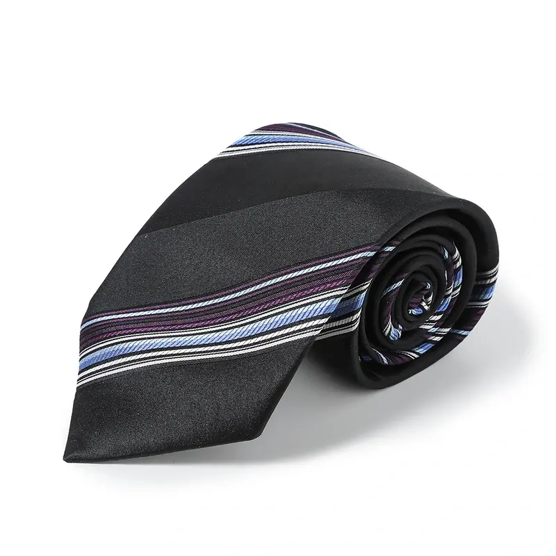 A rolled black tie with blue, white and purple diagonal stripes.