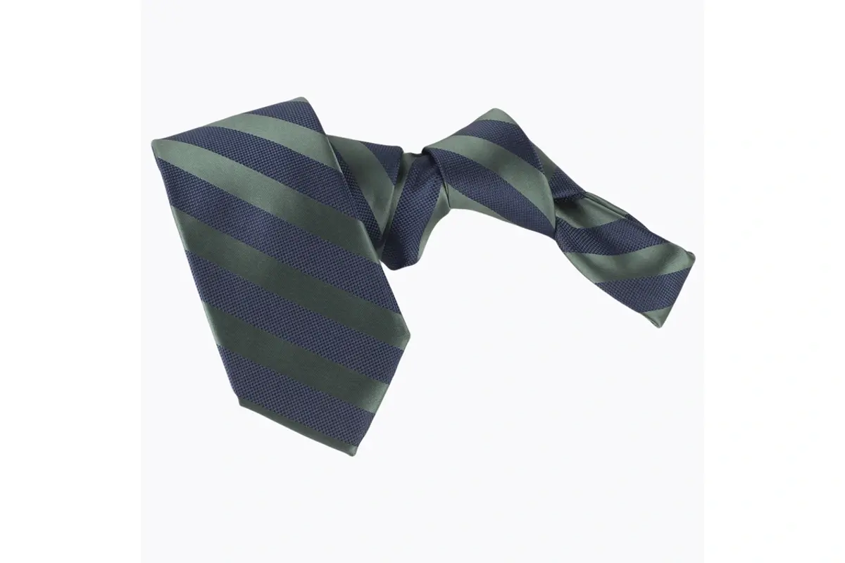 A navy tie with broad green diagonal stripes.