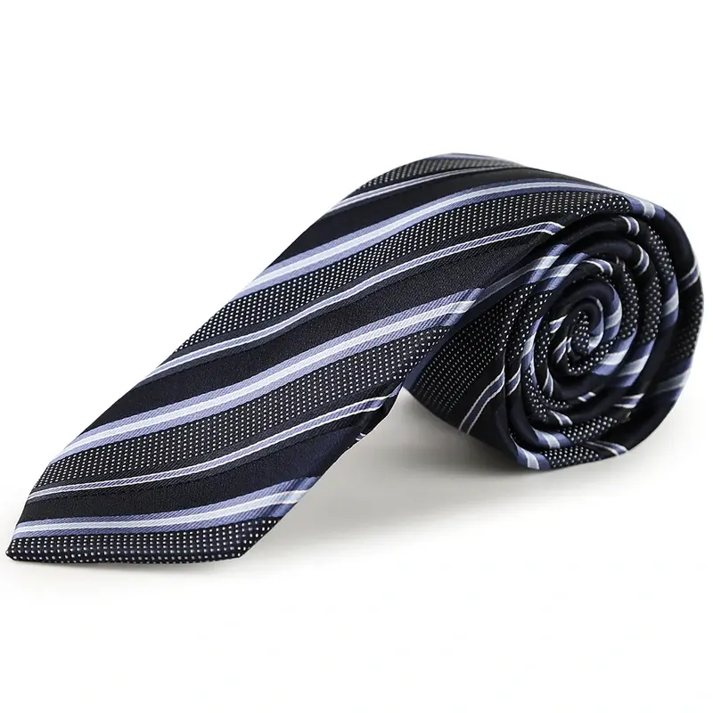 A rolled navy tie with light blue and white diagonal stripes.