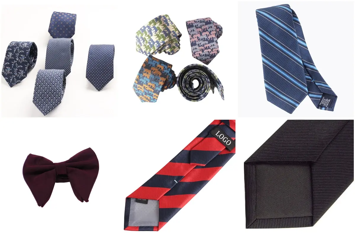 Patterned ties, a striped tie, a burgundy bow tie, a logo label and tie box.