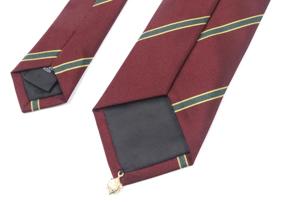 Burgundy necktie with gold and dark stripes, showing the front and reverse.