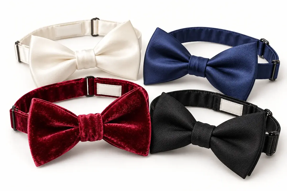 Ivory, navy, burgundy and black bow ties with adjustable neckbands.