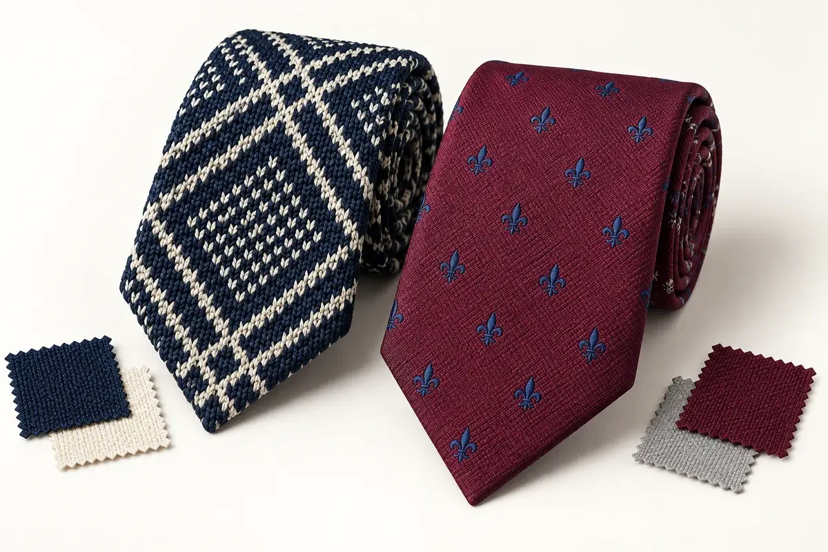 Navy jacquard and burgundy printed ties with matching fabric swatches.