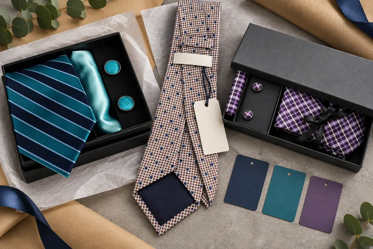 Private label ties and bow ties with blank labels, tags, color cards and boxes.